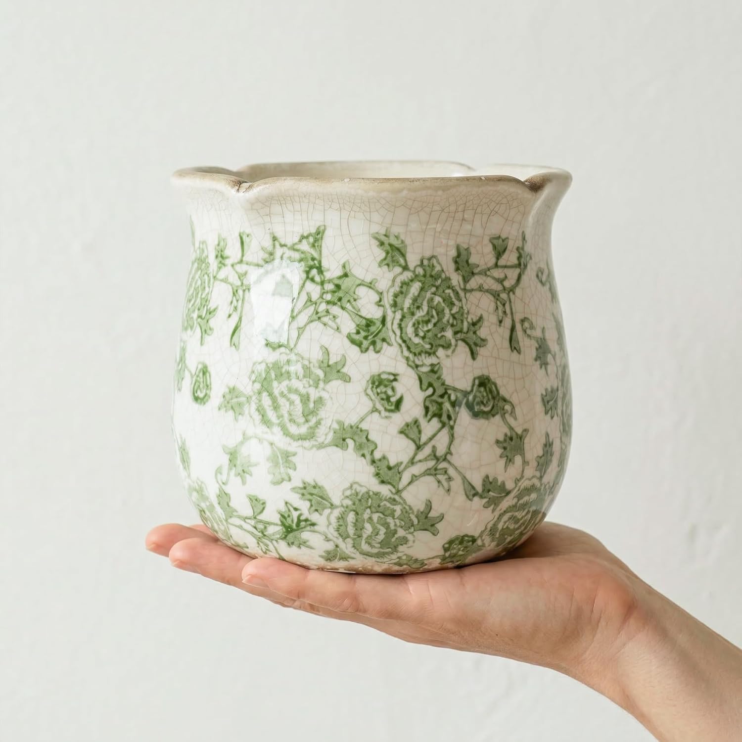 DREAMLOOM Vintage Ceramic Planter for Indoor Plants,6.1" Ice Crack Cottage Scroll Vase Tuscan Decor Flower Pots with Drainage Holes Home Kitchen Farmhouse Antique Decorative Gift (Green-Corrugated)