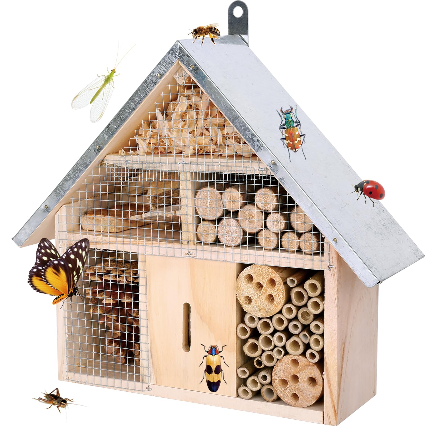 antiai Casetta in legno per insetti, api, farfalle, hotel, un habitat in bambù da appendere all'aperto per coccinelle dal vivo, scatola per api, habitat per farfalle per giardino, 31 x 30 x 9 cm