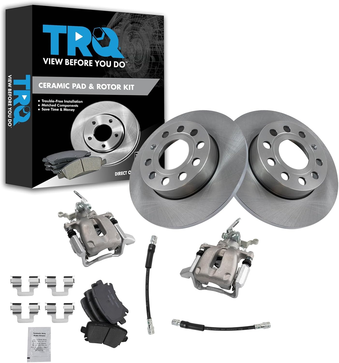 TRQ Rear Brake Pad and Rotor Set Ceramic Solid Rotors Calipers Hoses Compatible with 2006-2010 Volkswagen Jetta 2006-2009 Rabbit