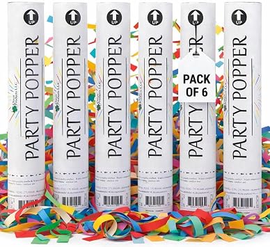 Clover Products 12" Confetti Cannons 6 Pack Multi-Colored Steamer Confetti Poppers | Air-Powered Party Poppers | Shoots 25 Feet | Safe for Indoor & Outdoor | Perfect for Weddings, Birthdays & Events