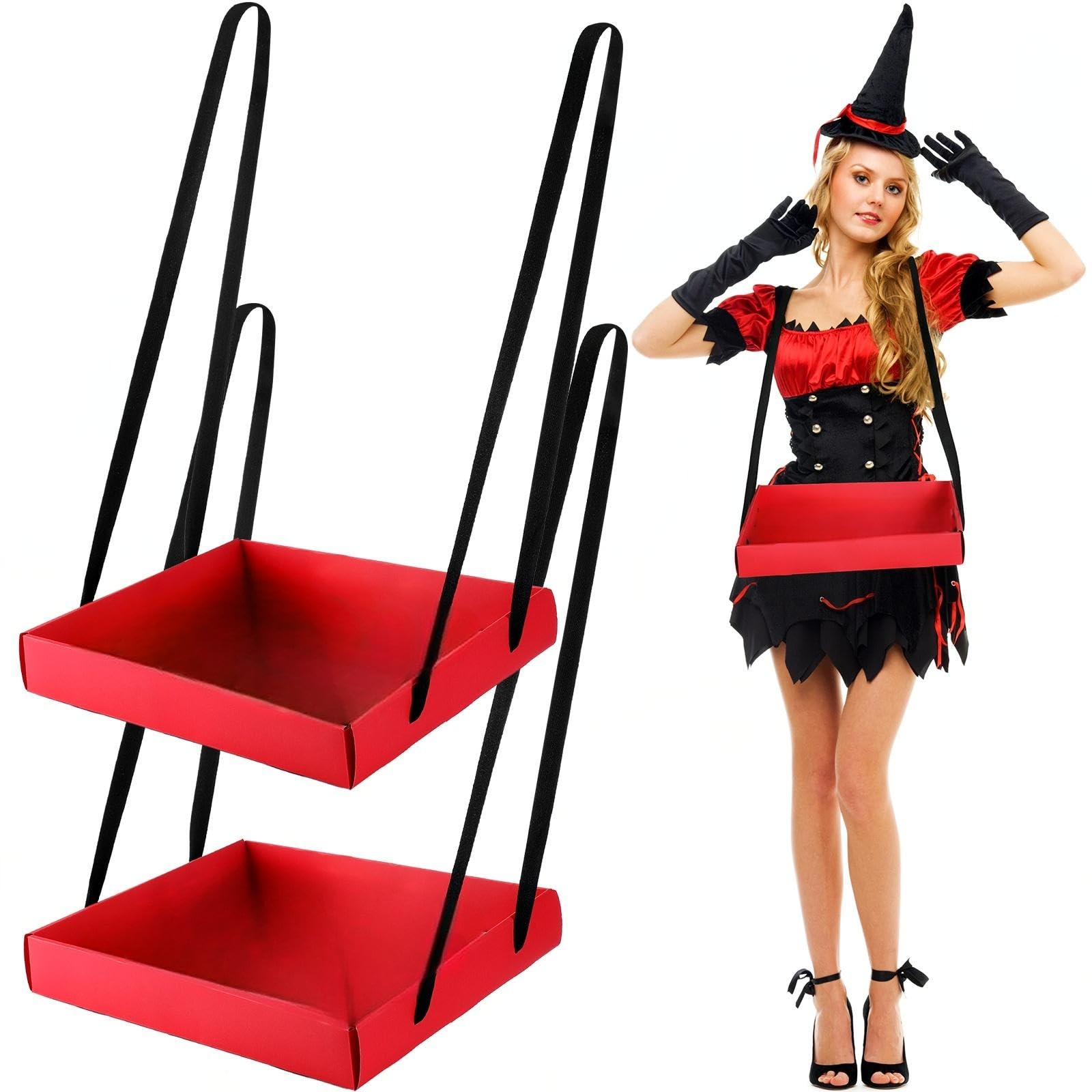 Junkin 2 Pcs Wearable Party Tray Snack and Beverage Carrier Foldable Drink Carriers Drink Holder Movie Snack Trays with Strap Halloween Costume Accessory Prop with 4 Ribbons, 2 x 11 x 13 Inches (Red)