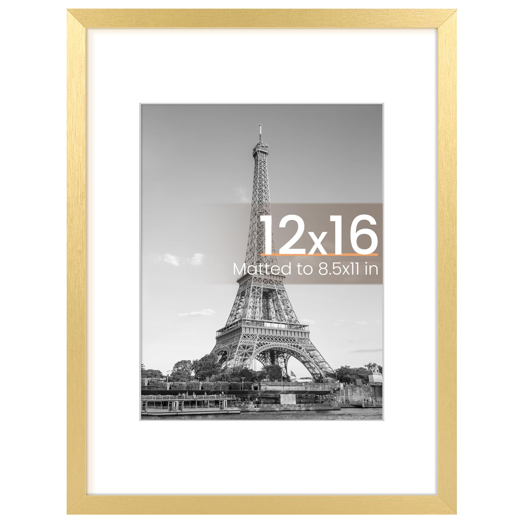 upsimples 12x16 Picture Frame, Display Pictures 8.5x11 with Mat or 12x16 Without Mat, Wall Hanging Photo Frame, Gold, 1 Pack