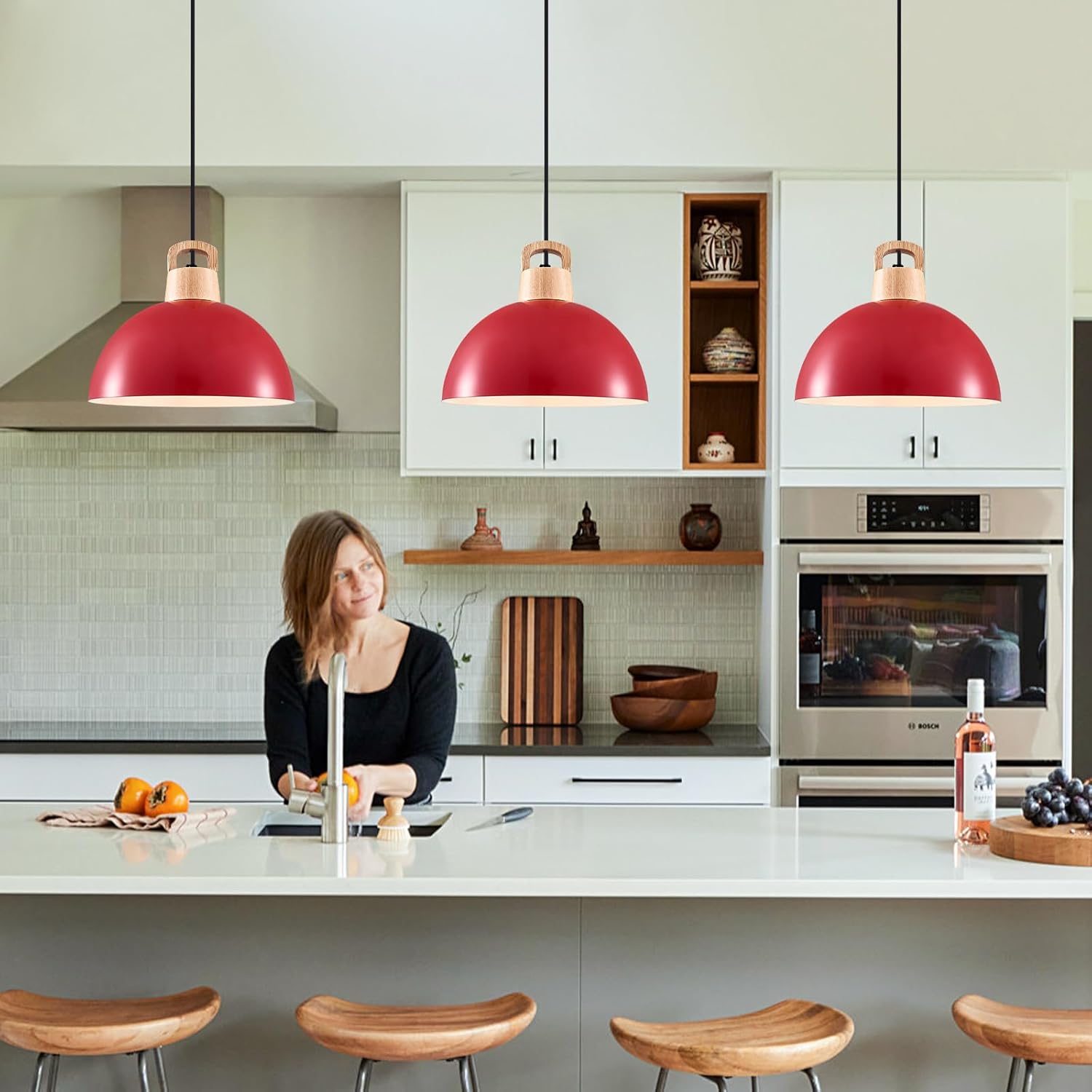 Farmhouse Pendant Light, 3 Packs 11.8inch Red Kitchen Pendant Lights, Modern Pendant Lights, Island Pendant Lights, Pendant Light for Kitchen Island; Bedroom; Office; Living Room