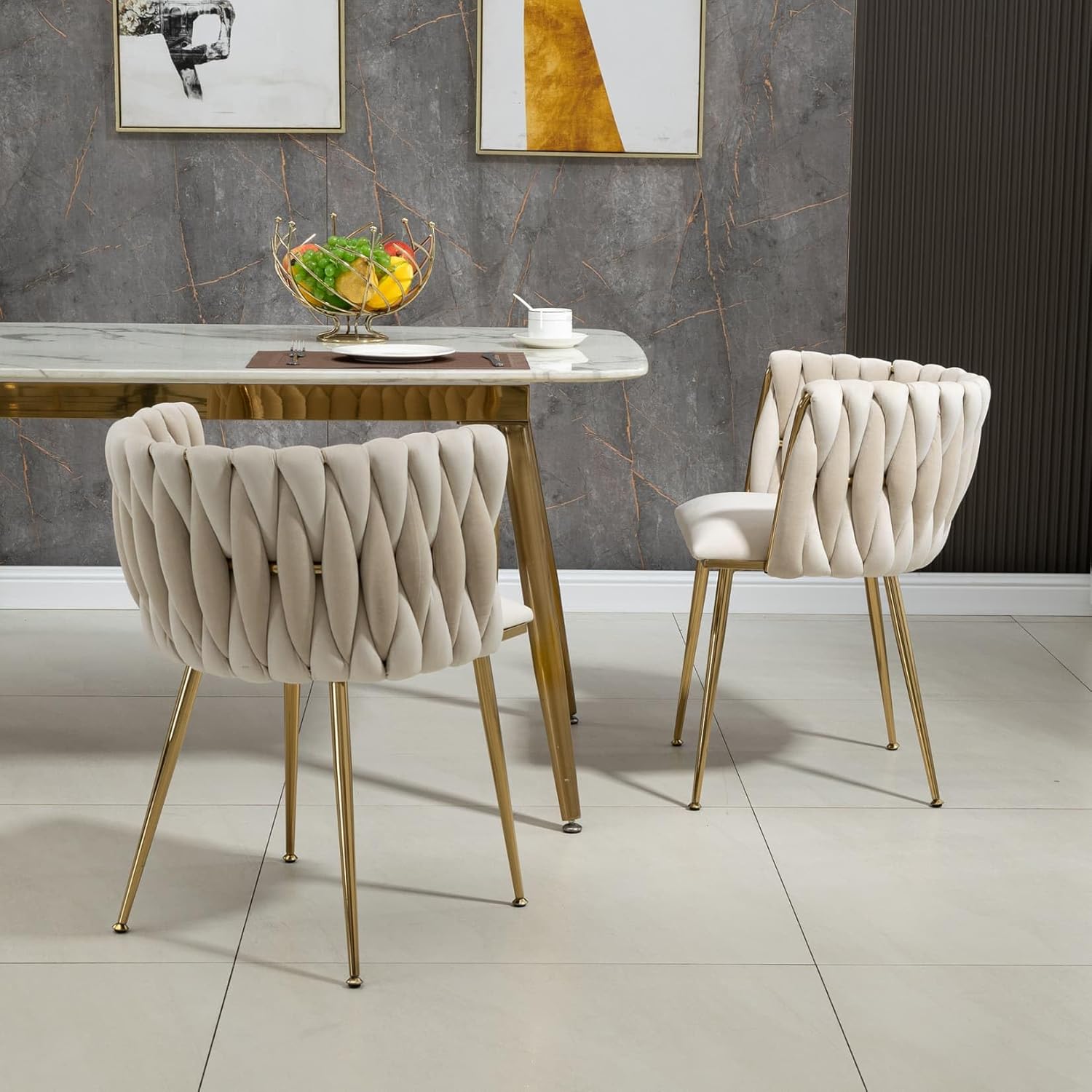 Two PUGSDRLY Dining Chairs placed around a dining table in a modern setting.