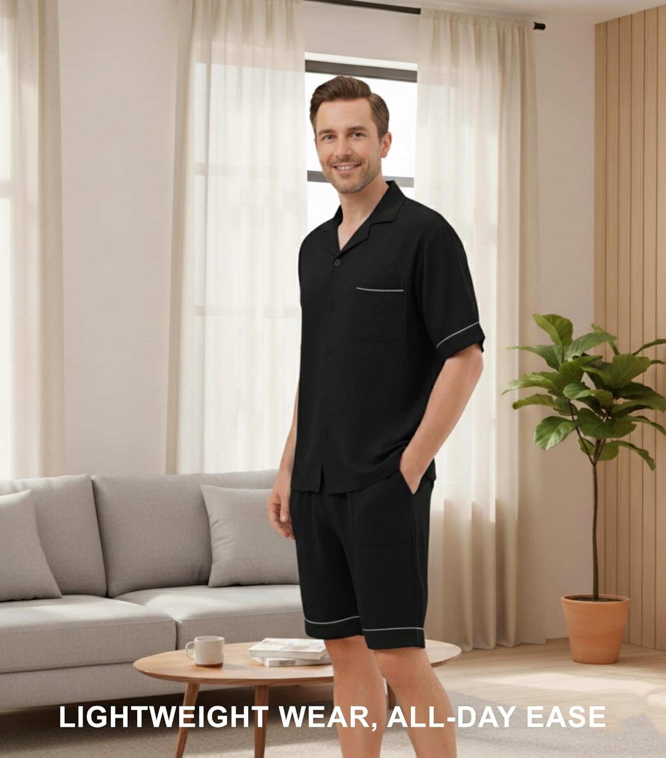 DAVID ARCHY Men’s Summer Pajamas Set Lightweight Breathable Short Sleeve Lounge Set Soft Cotton-Like Pajamas with Pockets - Image 2