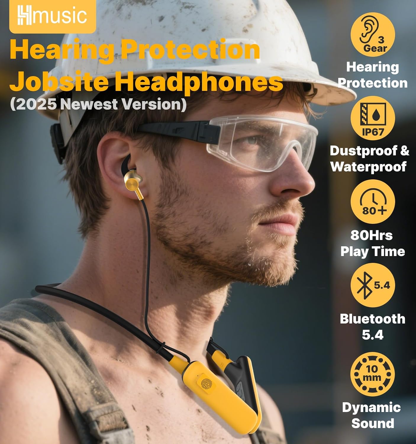 Hmusic H23Pro Neckband Bluetooth Headphones, IPX7 Waterproof, 30dB Tri-Flange Earplug Headphones, 80H Long Battery Life Earphones w/ENC Mic, Ear Protection Neck Earbuds for Mowing/Jobsite/Outdoor