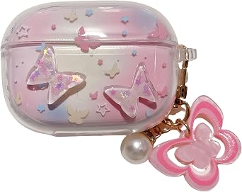 Lovely Colorful Shiny Butterfly Pattern Case for Vivo TWS 3 Pro, Headphone Earphone Case Cover with Pendant Accessories