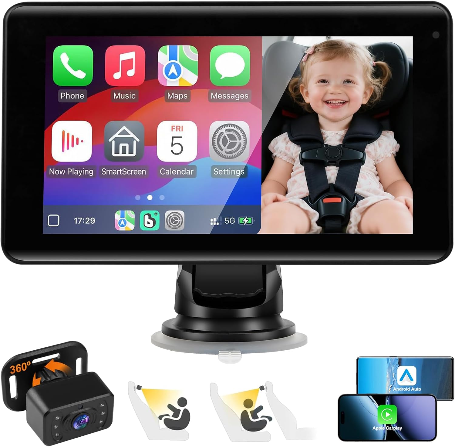 Baby Car Camera with 7" Wireless CarPlay Screen -Supports Apple CarPlay & Android Auto, 1080P IR Night Vision car Camera for Babys, HD Touchscreen Baby Monitor with Split Display, Plug-and-Play