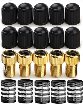 Presta to Schrader Adapter, 5 Pcs, French/UK to US, with 15 Valve Caps, for Mountain & Road Bikes and Cars Black + Brass