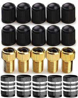 Presta to Schrader Adapter, 5 Pcs, French/UK to US, with 15 Valve Caps, for Mountain & Road Bikes and Cars (Black + Brass)