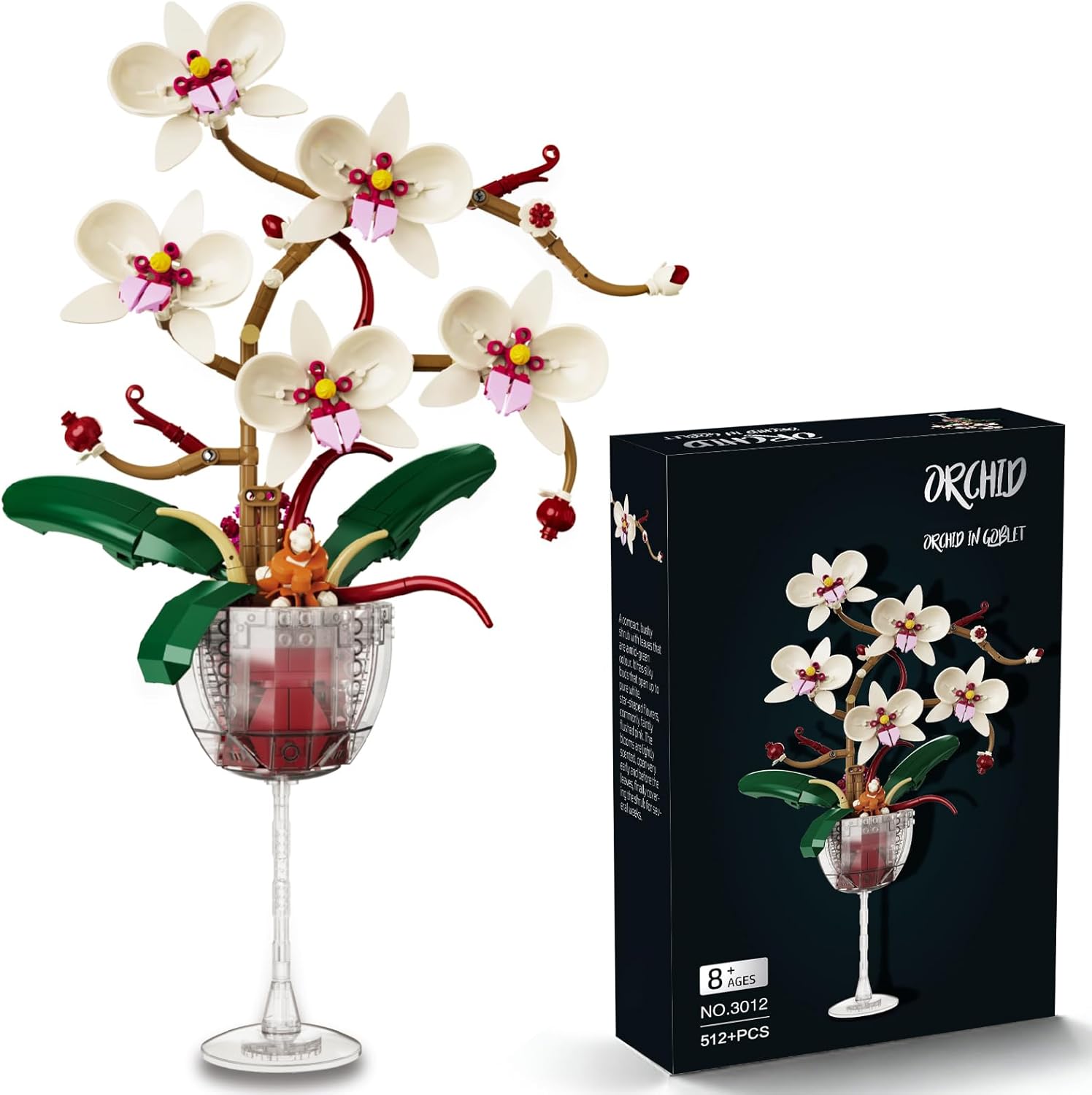 White Orchid Flower Building Set with Long Stem Wine Glass for Adults, Compatible with Lego Botanical Flowers, 512pcs Ideas Collection Toys for Home and Office Decor, Gifts for Christmas Mother's Day