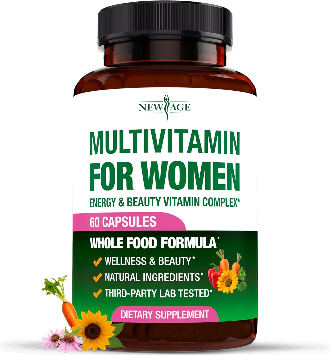 NEW AGE Multivitamin for Women - B-Complex, Whole Foods, Hair Support, Iron - All in1 Womens Multivitamin - Bioavailable & Gentle on Stomach - Made in USA - 60 Count