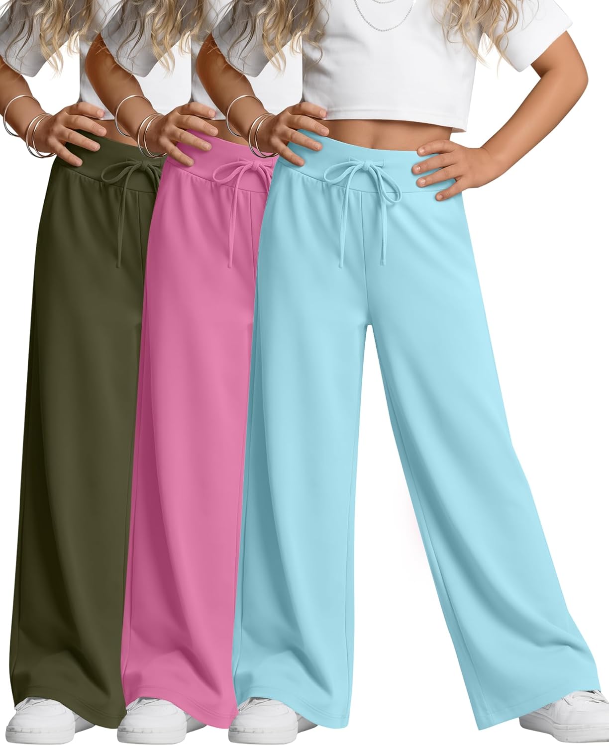 3 Pack Girl's Wide Leg Sweatpants Open Bottom Joggers with Drawstring Casual Baggy Sweat Pants 5-14 Years(Army Green, Pink, Blue,5-6 Years)
