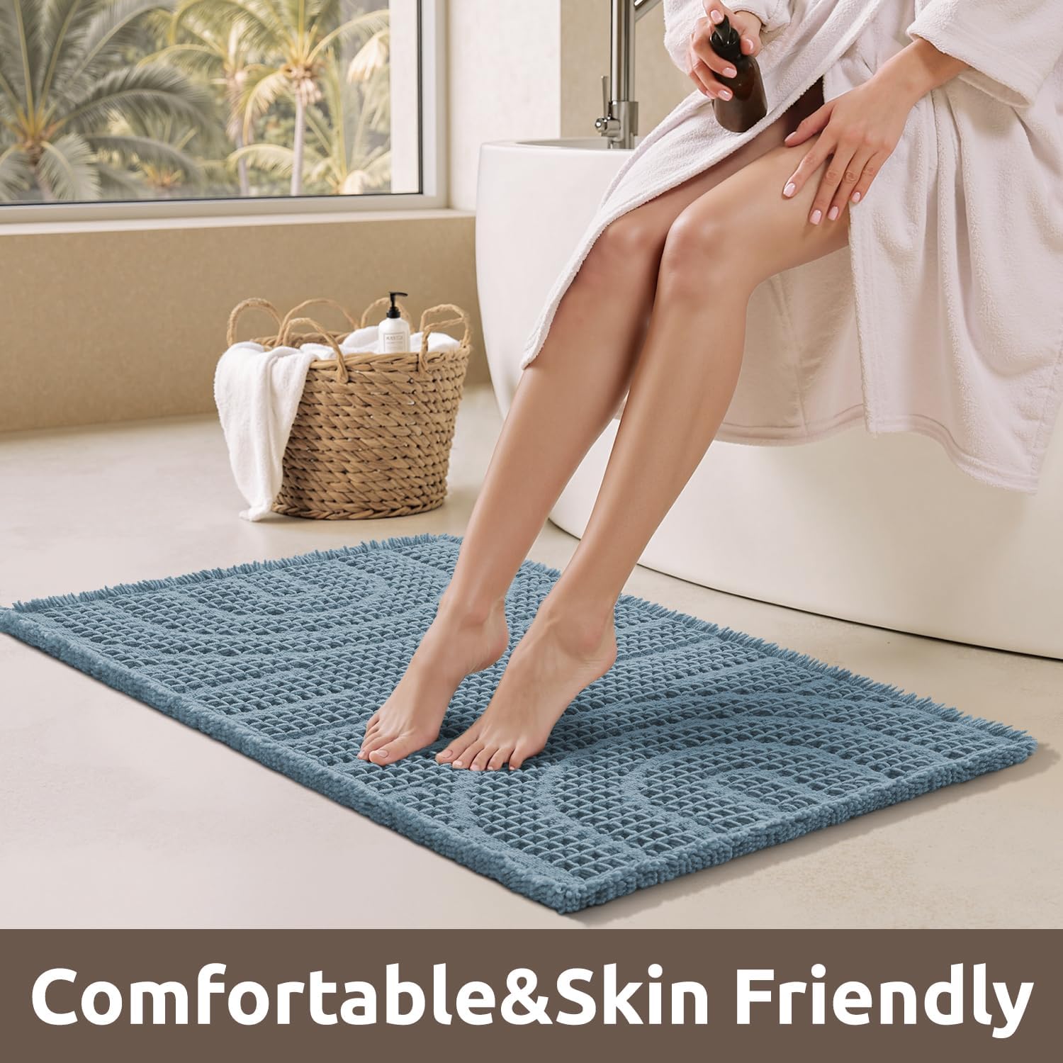 AMOAMI Waffle Bathroom Runner Rug Super Absorbent Bath Mats Non Silp Machine Washable Bathroom Mat Soft Bath Rugs with Tassels Front of Bathtub, Sink, Blue 24"x72"