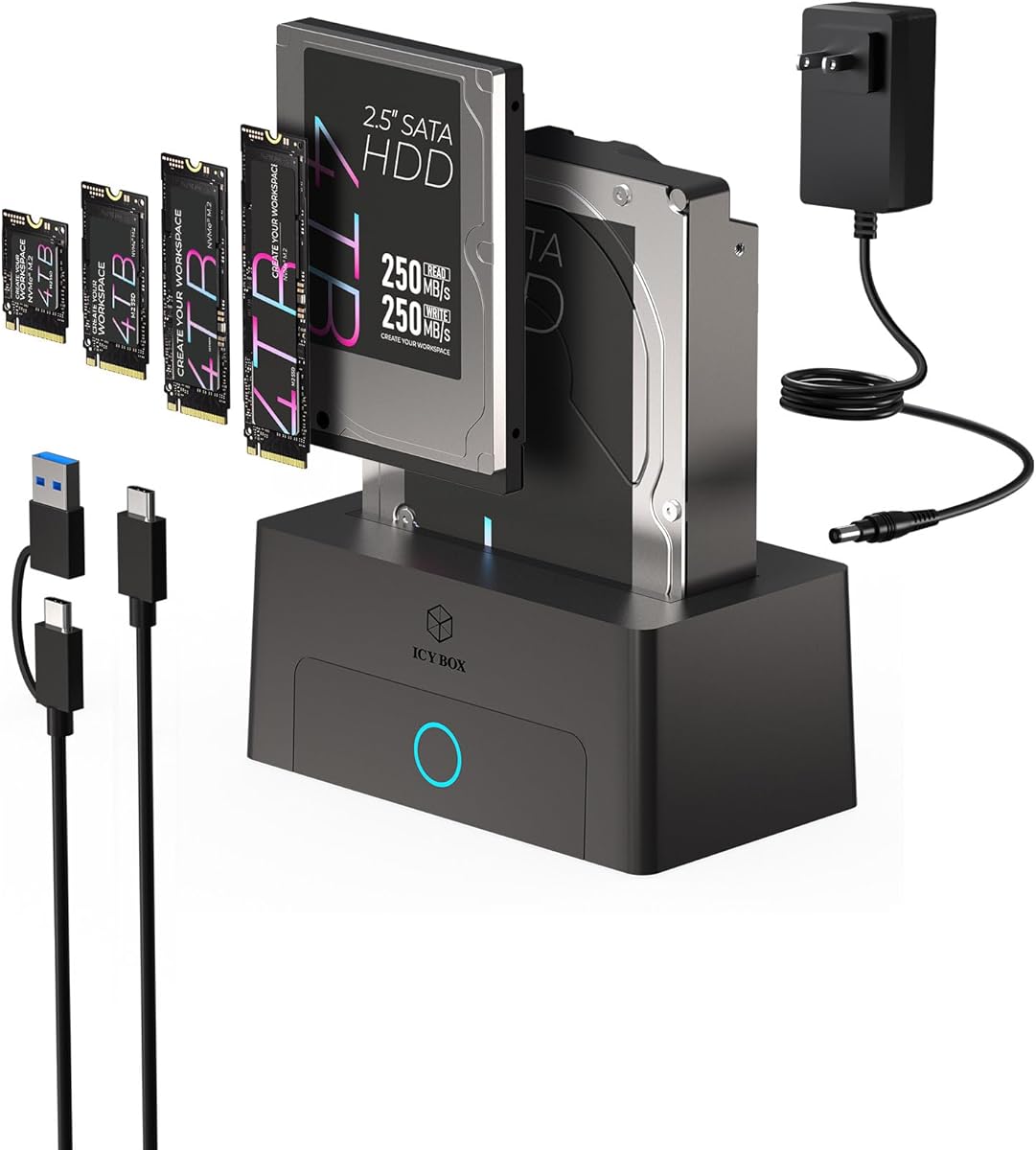 M.2 NVMe & SATA Hard Drive Docking Station, ICY BOX 10Gbps M.2 NVMe SSD Dock for 2.5" & 3.5" HDD/SSD, HDD Docking Station with Single Bay, Compatible with M.2 NVMe/SATA 2.5''/3.5'' HDD SSD