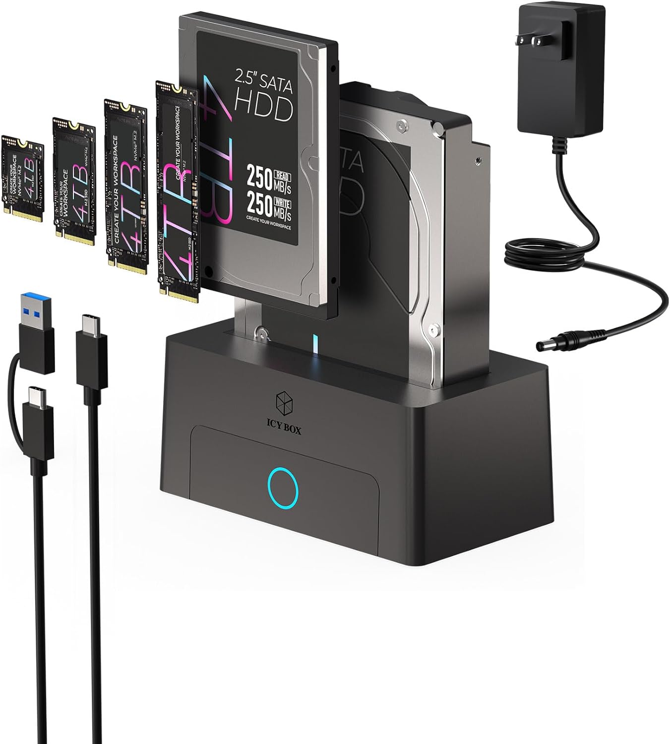 M.2 NVMe & SATA Hard Drive Docking Station, ICY BOX 10Gbps M.2 NVMe SSD Dock for 2.5" & 3.5" HDD/SSD, HDD Docking Station with Single Bay, Compatible with M.2 NVMe/SATA 2.5''/3.5'' HDD SSD