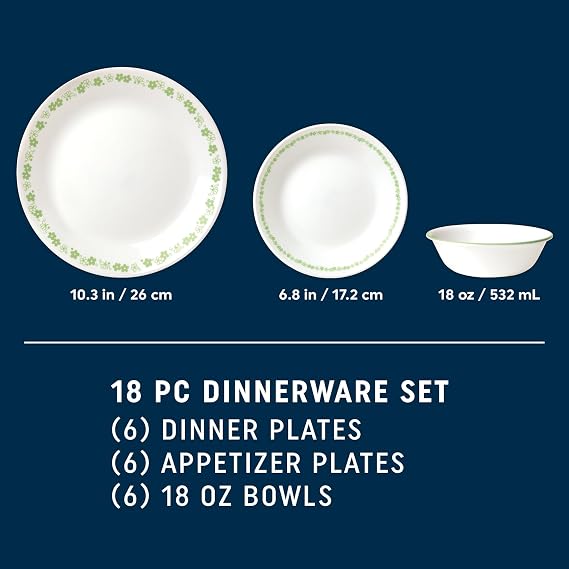 Corelle Vitrelle 18 Piece Dinnerware Sets, Service for 6 & 28 oz Soup Bowls Set of 6, Chip & Crack Resistant Glass