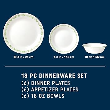 Corelle Vitrelle 18 Piece Dinnerware Sets, Service for 6 & 28 oz Soup Bowls Set of 6, Chip & Crack Resistant Glass