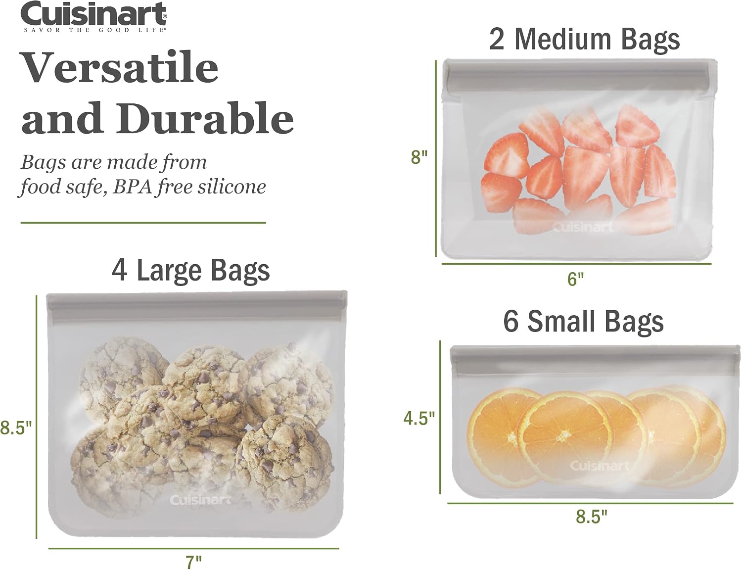 Cuisinart Reusable Food Storage Bags, 12 Pack Gray - Resealable Bags for Food, Leftovers, & Snacks to Store, Freeze or Refrigerate - BPA Free Flat Freezer Bags - Includes Small, Medium & Large image 3