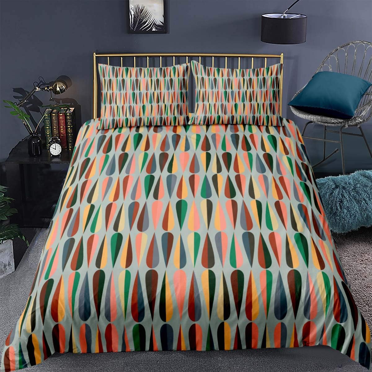 Feelyou Mid Century Comforter Cover,Exotic Color Geometry Drop Shapes Abstract Stripe Greyscale Grid,Decorative 3 Pieces Bedding Set King Size(1 Duvet Cover Set & 2 Pillow Shams),Zipper
