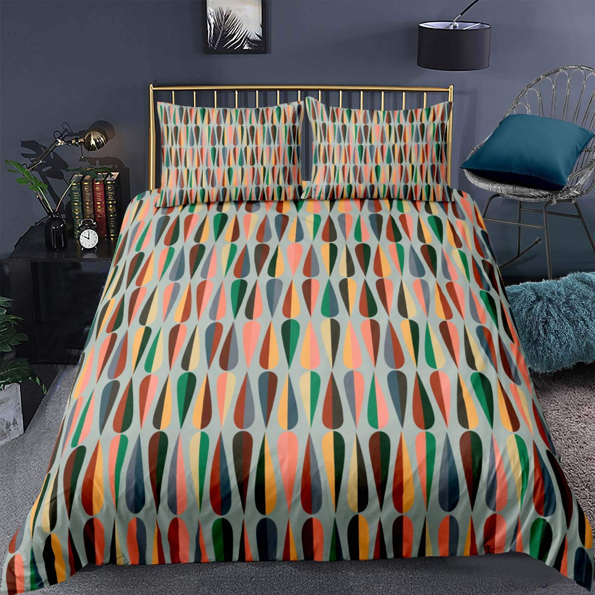 Feelyou Mid Century Comforter Cover,Exotic Color Geometry Drop Shapes Abstract Stripe Greyscale Grid,Decorative 3 Pieces Bedding Set King Size(1 Duvet Cover Set & 2 Pillow Shams),Zipper