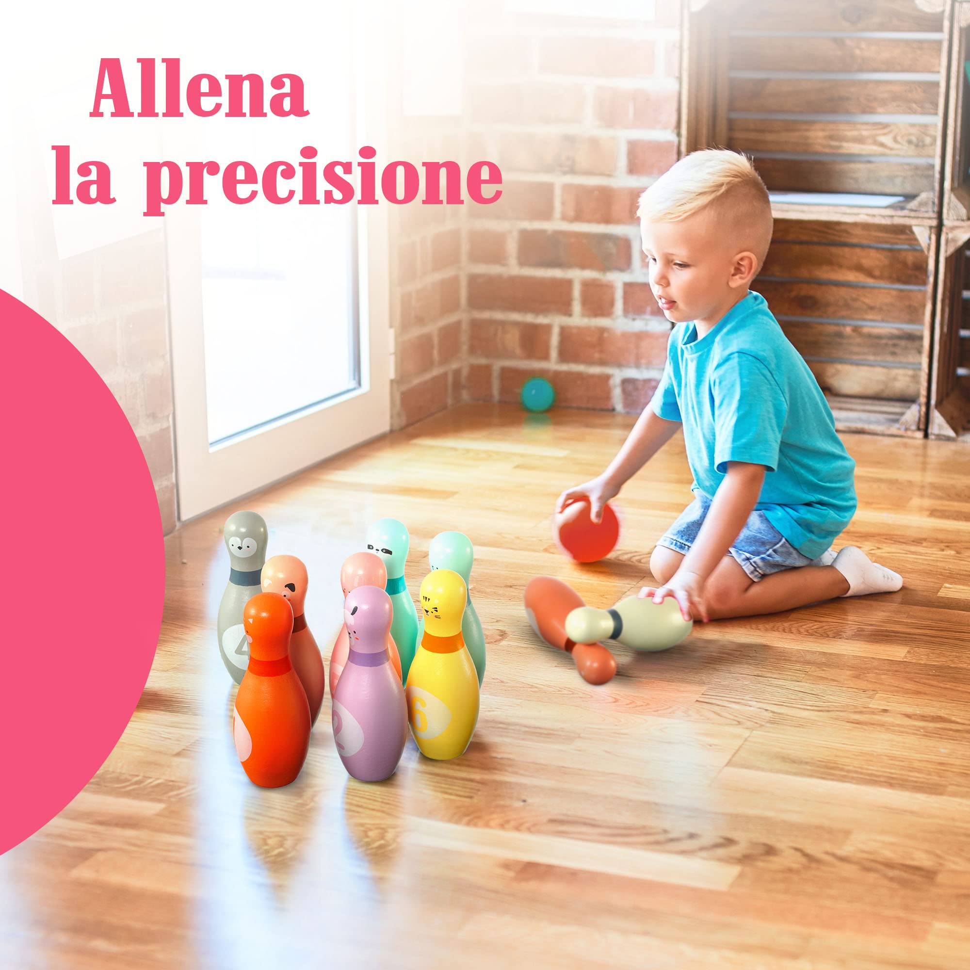 Pink Papaya Birilli Bowling per Bambini | Set da 12 Pezzi per Maschi e Femmine | Giochi in Legno Certificato FSC | Giocattoli da Interno ed Esterno | Giochi Educativi