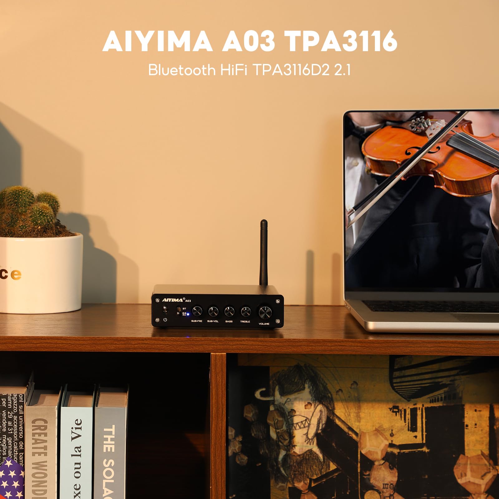 AIYIMA A03 TPA3116 Subwoofer Bluetooth 5.2 Stereoverstärker 2.1 Kanal HiFi-Leistungsverstärker 50W x 2 + 100W Audioverstärker mit DC 24V Netzteil