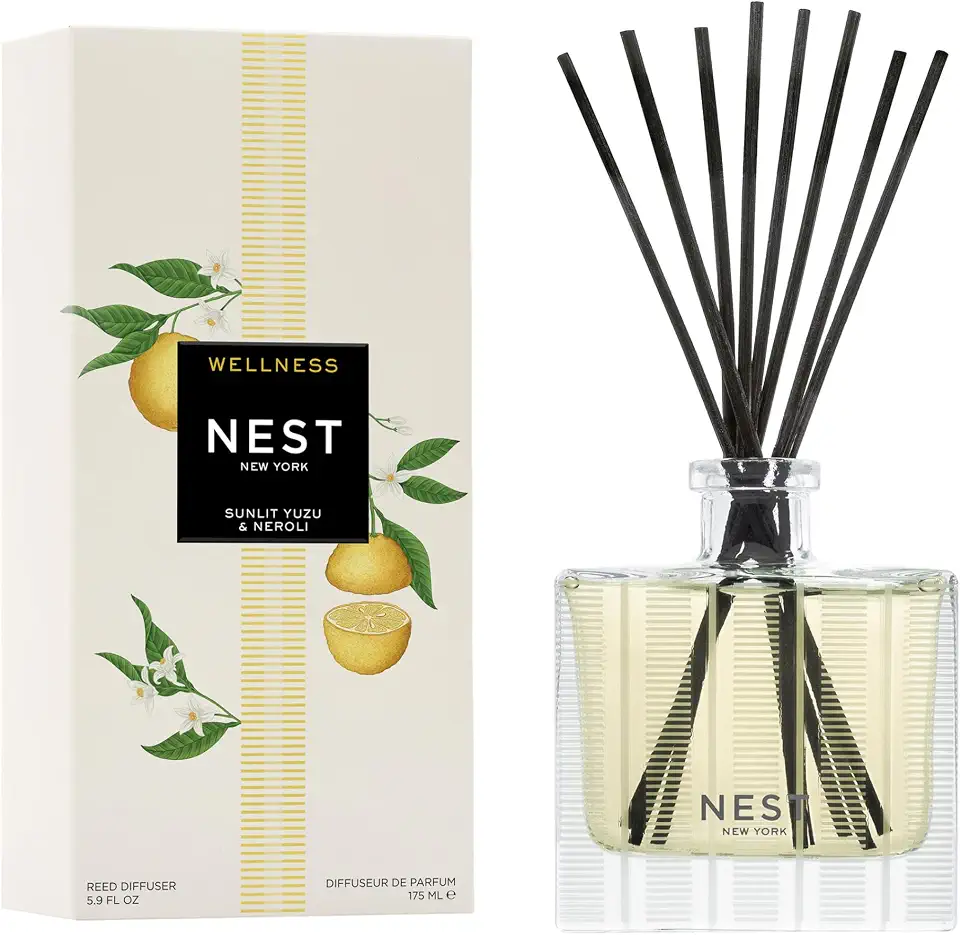 NEST New York Difusor de palheta, Sunlit Yuzu & Neroli – Coleção Wellness – 174 ml – Fragrância para até 90 dias – Suporte de vidro reutilizável e recarregável – Inclui 8 palitos de palheta totalmente