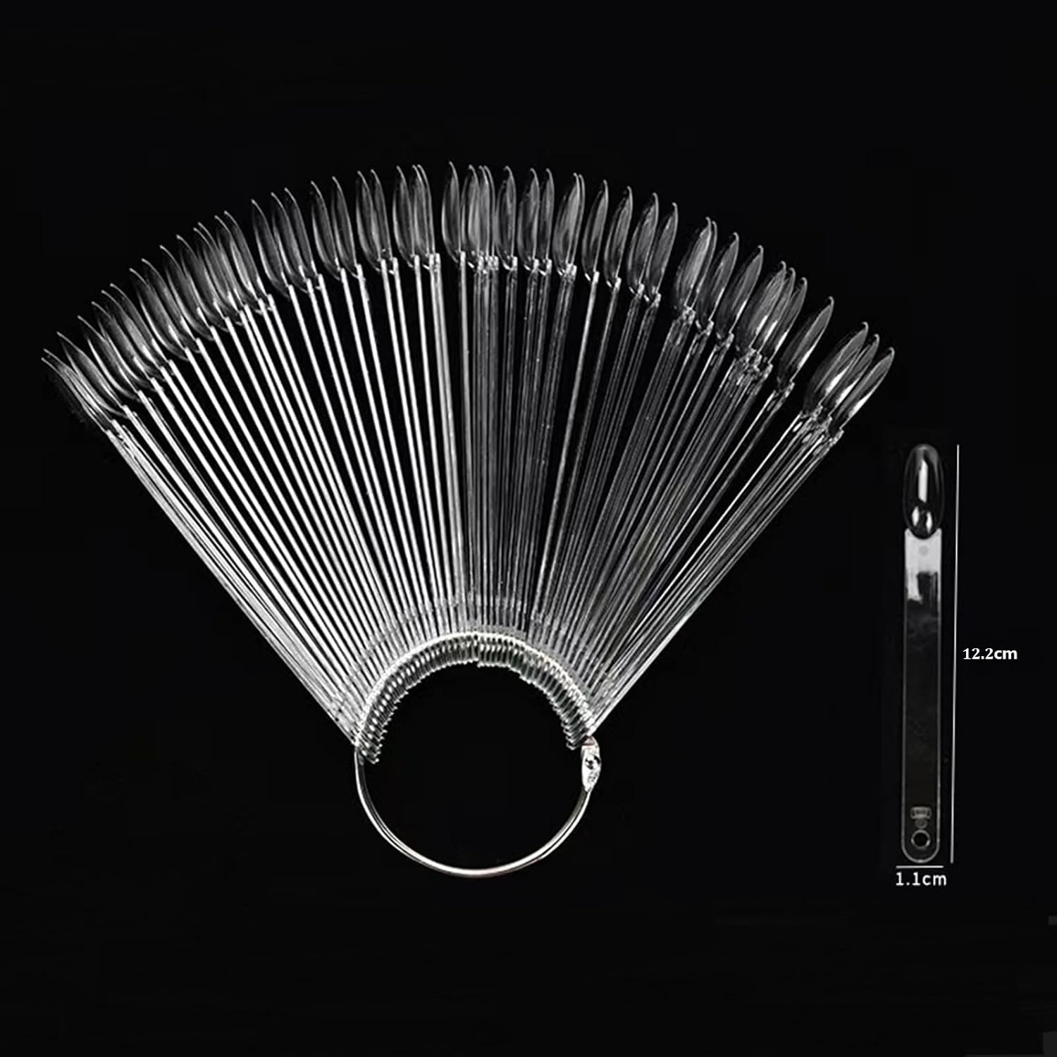 50pcs Oval False Nail Tips Fan Nail Art Color Chart Display with Metal Ring for Gel Polish Practice (Transparent)