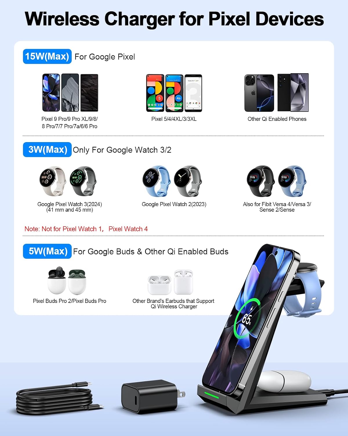 NANAMI Wireless Charger for Google - 3 in 1 Wireless Charging Station Fast Charger Stand Dock for Pixel 9/9 Pro XL/Fold/8/7,Buds Pro 2/Pro, Watch 3/2,Fitbit Versa 4/Sense 2(Not for Pixel Watch 1/4) 3 71FuWrH17UL. AC SL1500