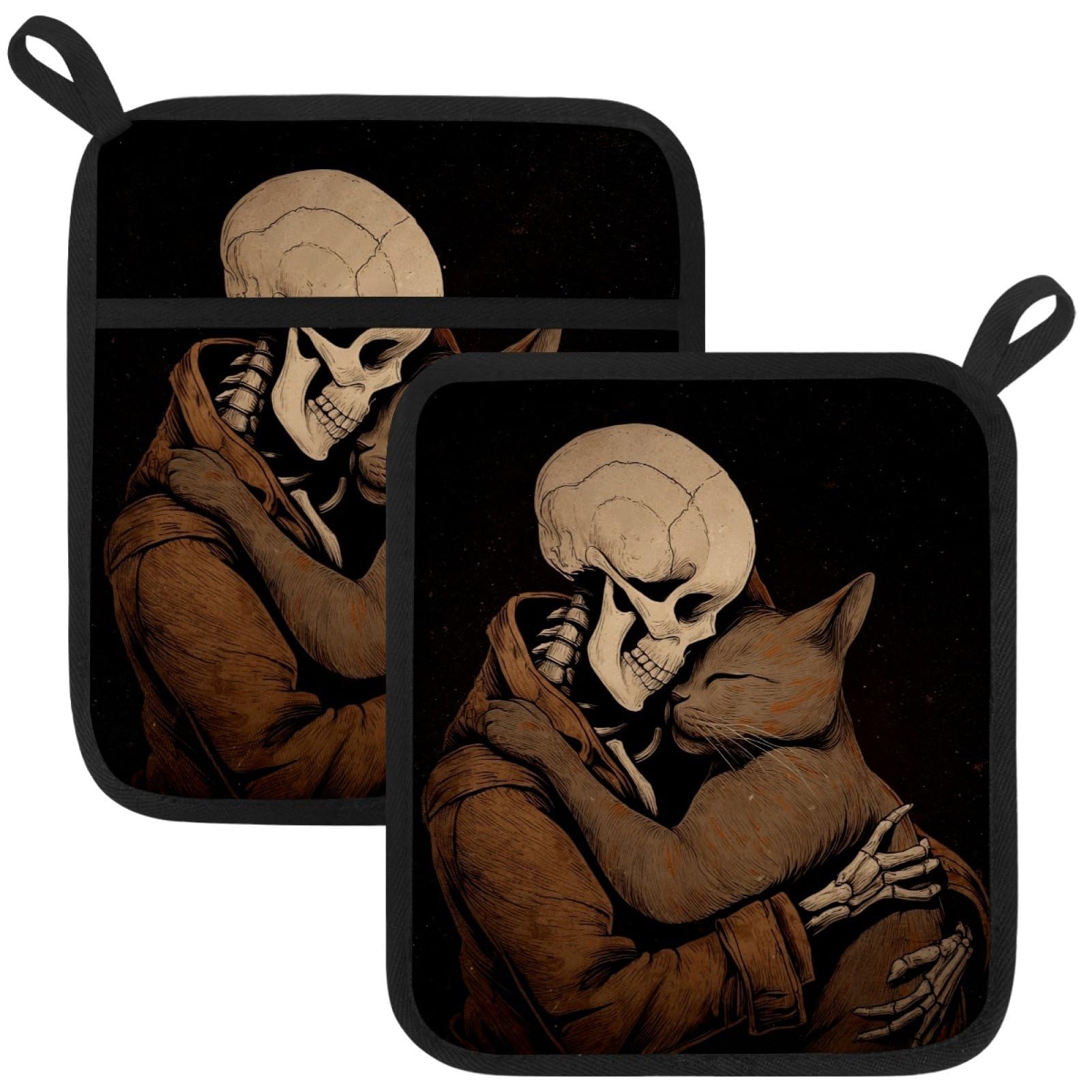 VAPOKF Skeleton Cat Heat Resistant Pot Holders, Thick Pot Holders Pad with Hanging Loop for Kitchen, Oven Cloth Pads for Kitchen Baking Microwave Oven