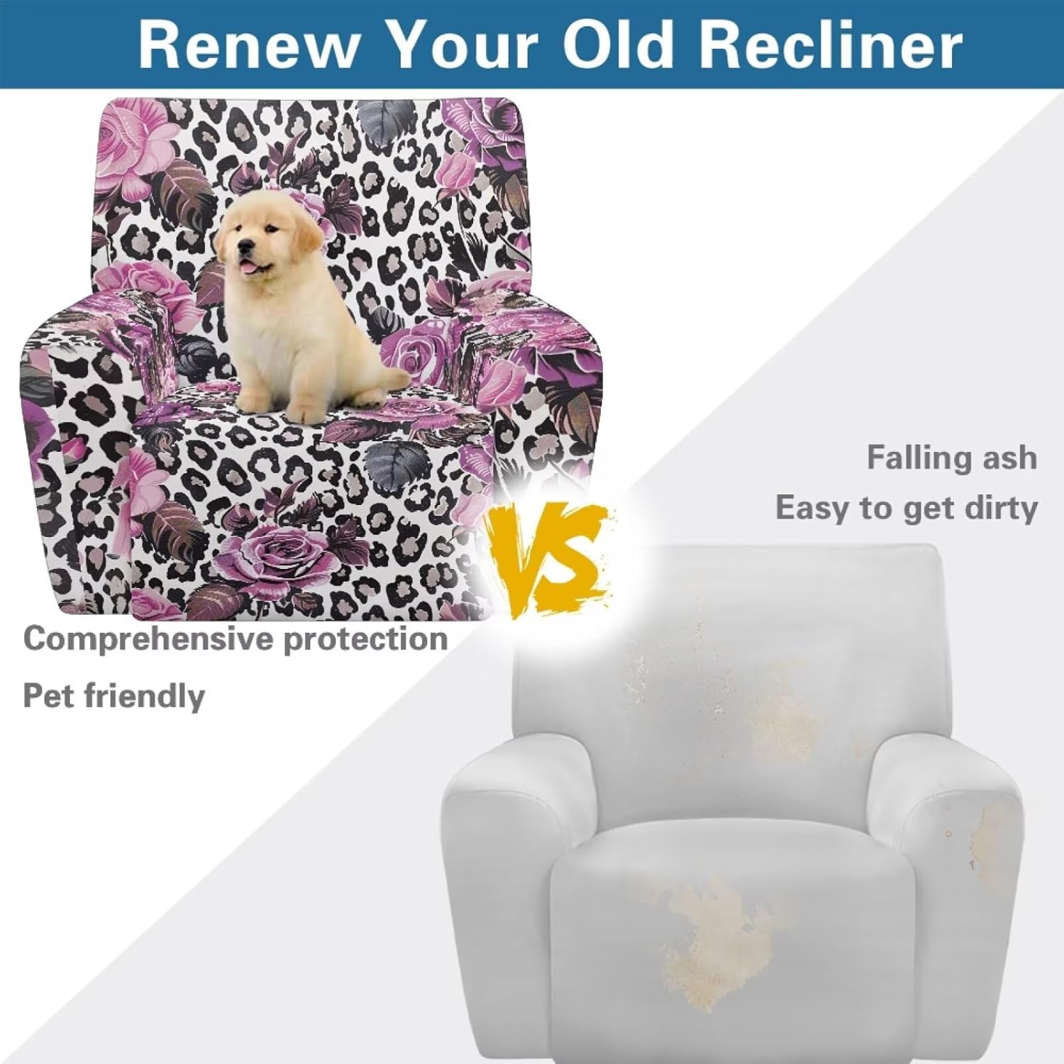 Rose Leopard Print Recliner Sofa Slipcovers Skin Friendly Stretchy Couch Covers for Reclining Chair with Side Pockets Dust-Proof Washable