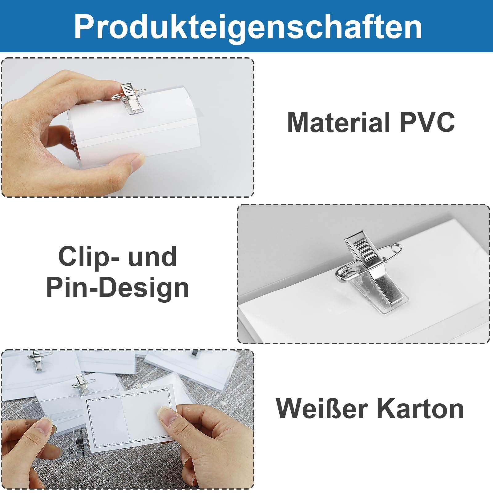 Lot de 60 étiquettes nominatives, Porte-badges 90 x 56 mm, en plastique transparent, pour vêtements, clip, cartes de visite, porte-nom, avec clip, pour bureau, école, voyage.