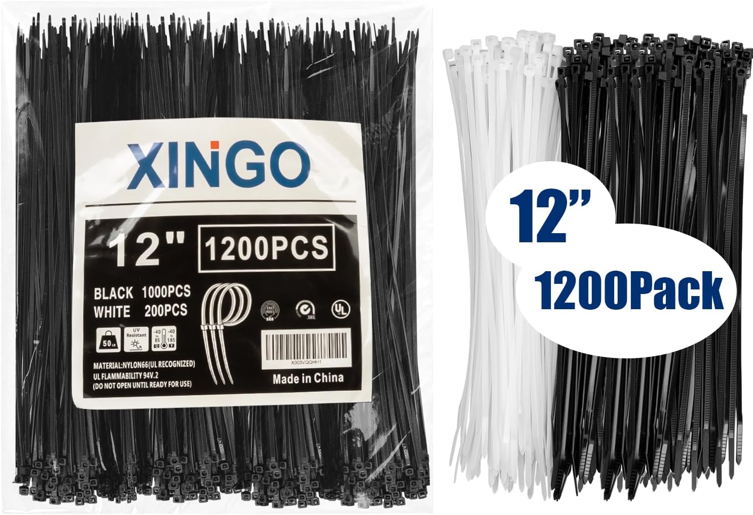 XINGO 1200 PSC Zip Ties 12 inch, Black Zip Ties 1000 Pack