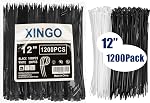 XINGO 1200 PCS Cable Zip Ties 14 de pouce de poids lourd, 40lbs Résistance à la traction, fermeture éclair noire 1000PCS+White 200PCS, Câbles en nylon auto-verrouillage Premium pour utilisation intérieure et extérieure
