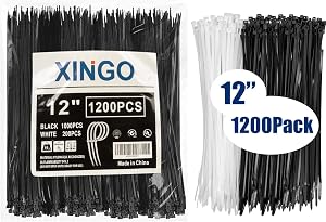 XINGO 1200 PCS Cable Zip Ties 12 inch Heavy Duty, 50lbs Tensile Strength, Black Zip Ties 1000PCS+White 200PCS, Premium Self Locking Nylon Wire Ties for Indoor and Outdoor Use