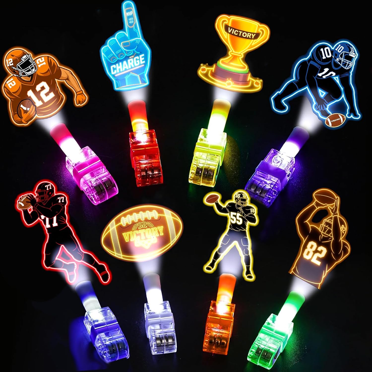 24pcs Football Party Favors LED Finger Lights, Light Up for Game Day, Glow in the Dark Football Theme Finger lights, Goodie Bag Stuffers, Sports Party Supplies & Football Birthday Party Decorations