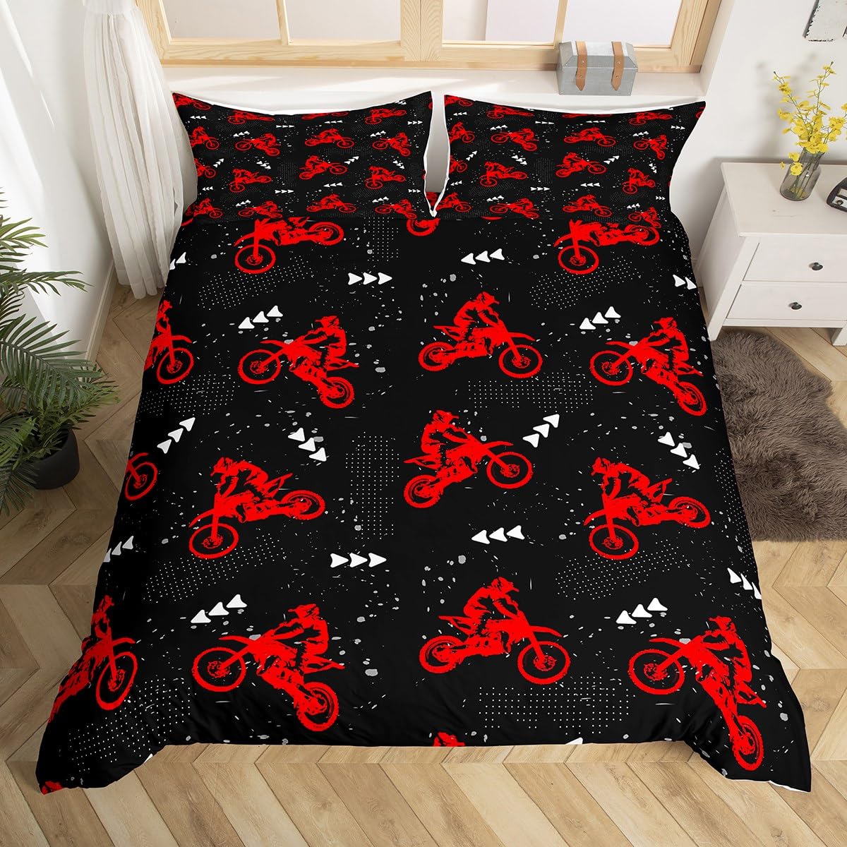 Homemissing Red and Black Dirt Bike Bedding Set Super King, Motorcycle Duvet Cover for Kids Racing Motocross Rider Comforter Cover Motorbike Bedspread Cover (NO Comforter)