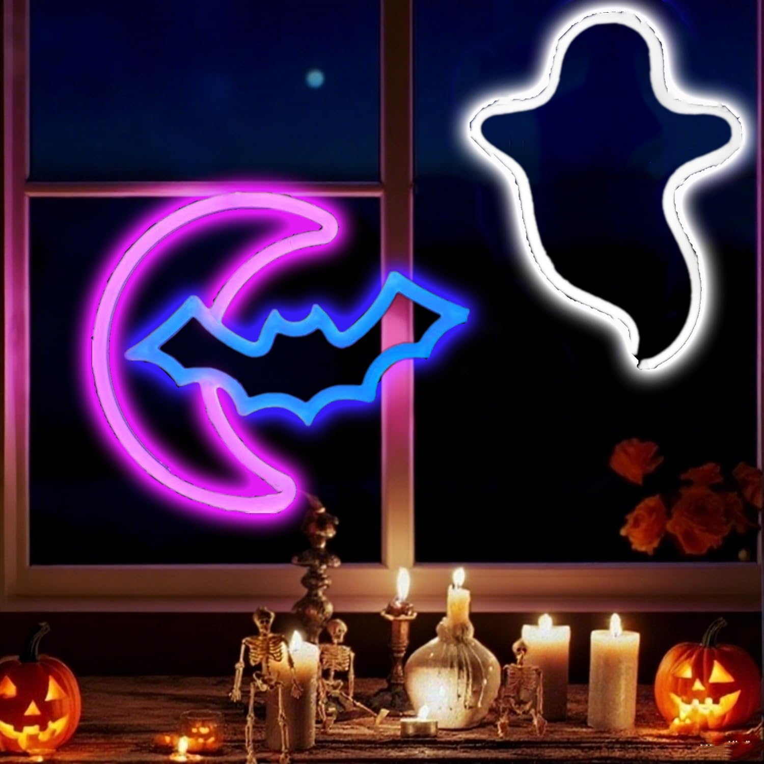 HFHungkeong LED Halloween Window Light Hanging Decorations USB or 3x AA Battery Powered Halloween Bat Ghost Neon Lights Sign,Light up Halloween Banner for Bedroom Living Room Bar Party Dorm Office