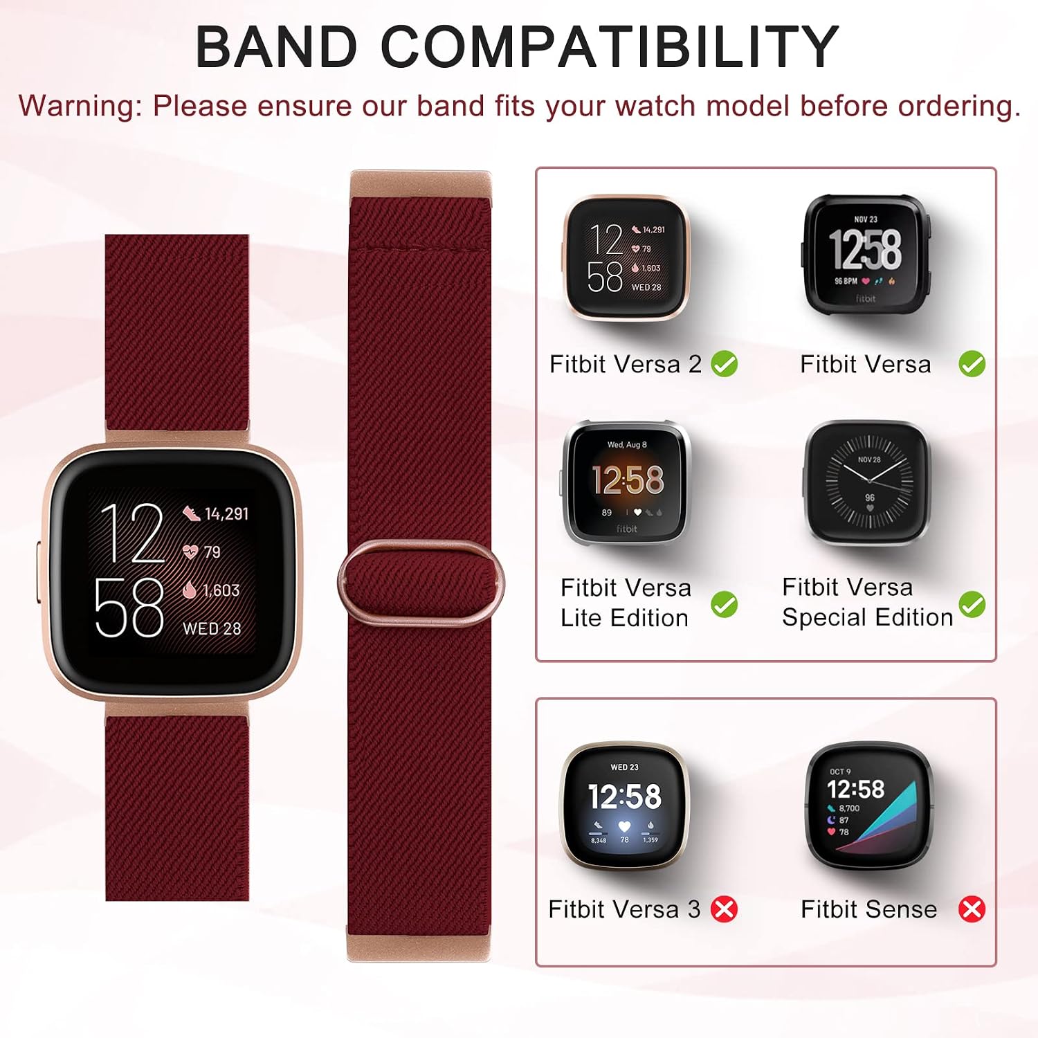 TOYOUTHS Compatible with Fitbit Versa 2 Bands for Women Men Adjustable Elastic Nylon Fabric Strap Stretchy Solo Loop Bracelet Wristband for Versa 1/Versa Lite/Versa Special Edition, Wine Red image 2