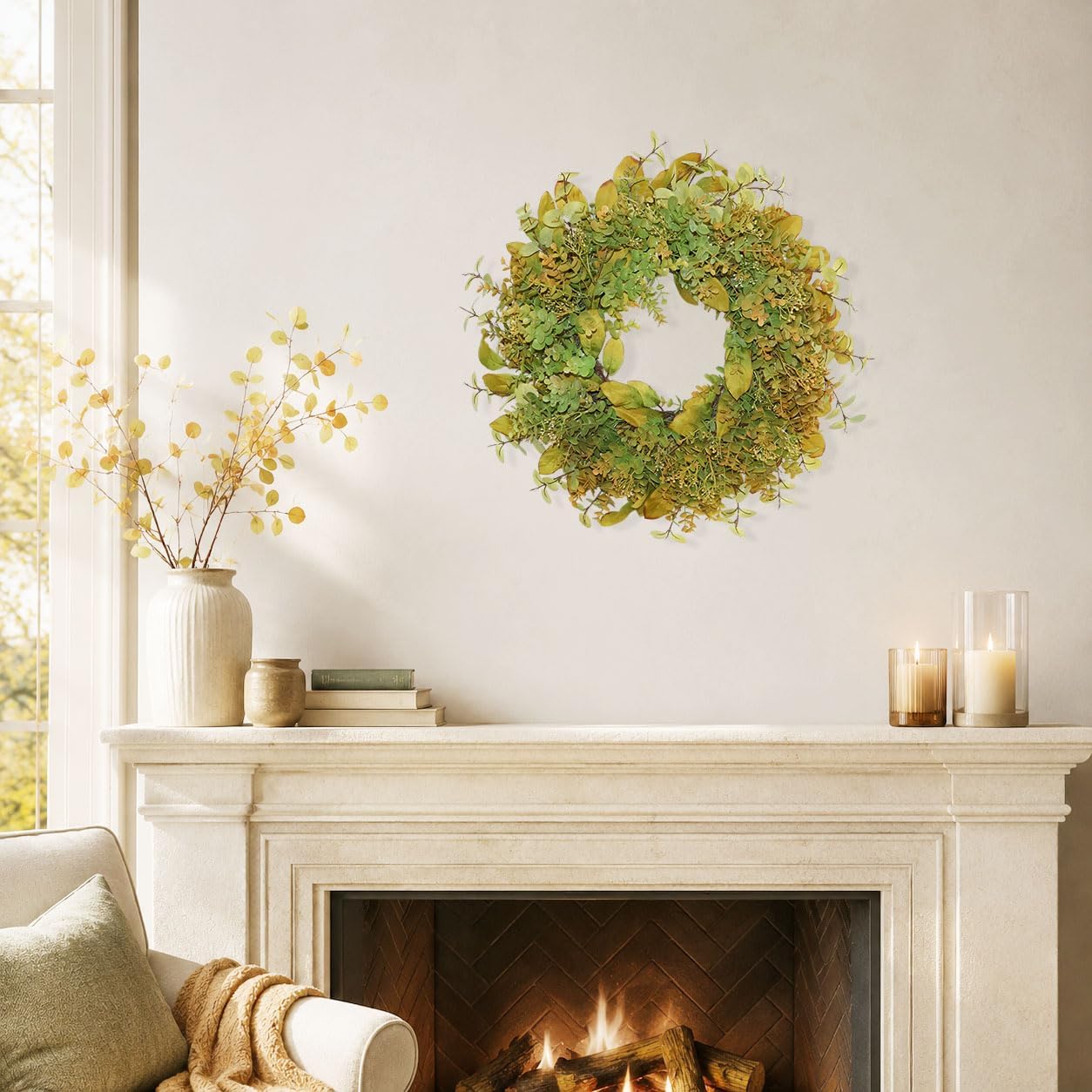 24 Inch Pre-Lit Boxwood Fall & Winter Wreath for Front Door Porch