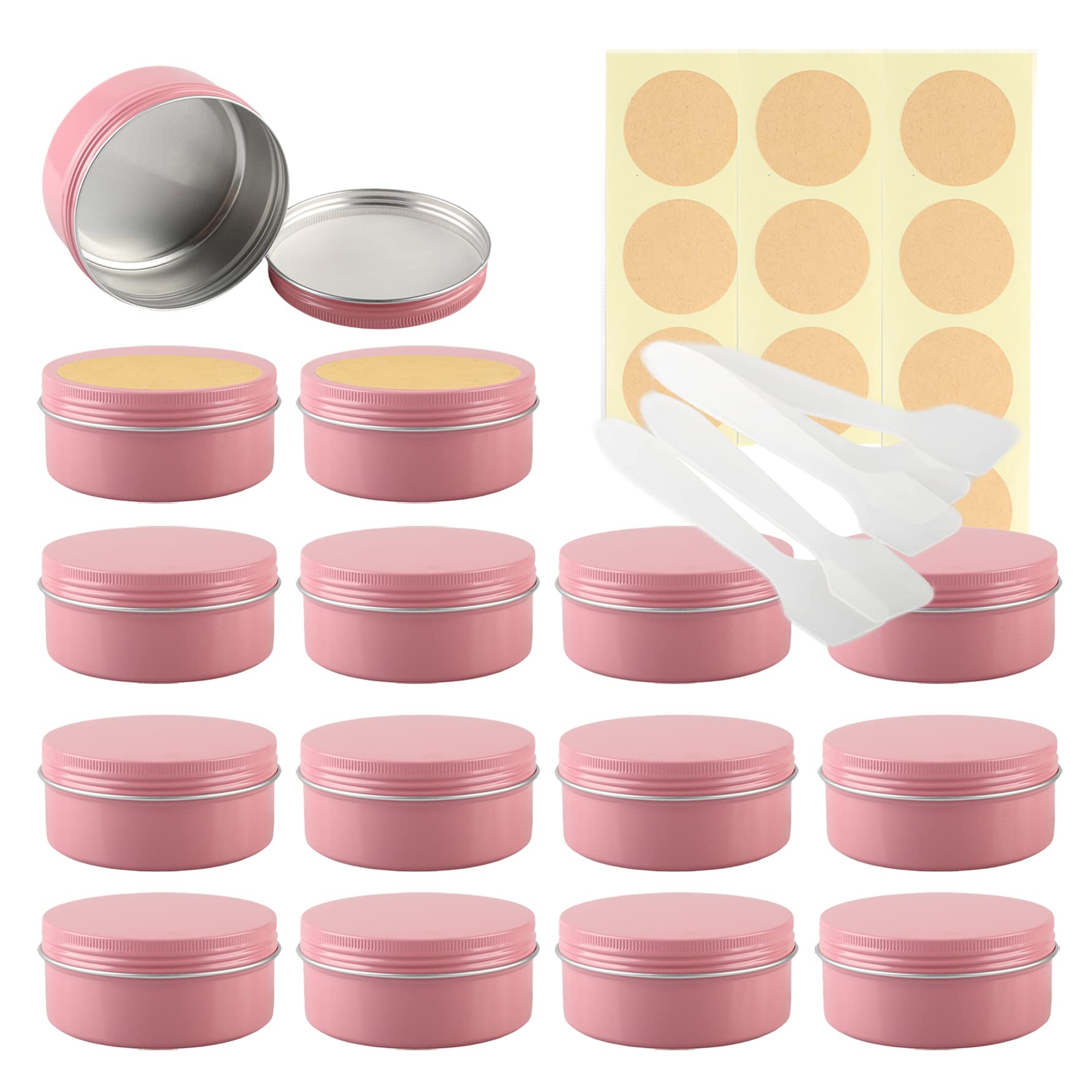 LusDoly Pack of 50 Empty 150ml Pink Aluminium Tins with Lids - Ø83x38mm Round Aluminum Screw Pots Travel Round Cosmetic Cream Container Jars for Candle Lip Balm, Salve with Spatulas & Labels
