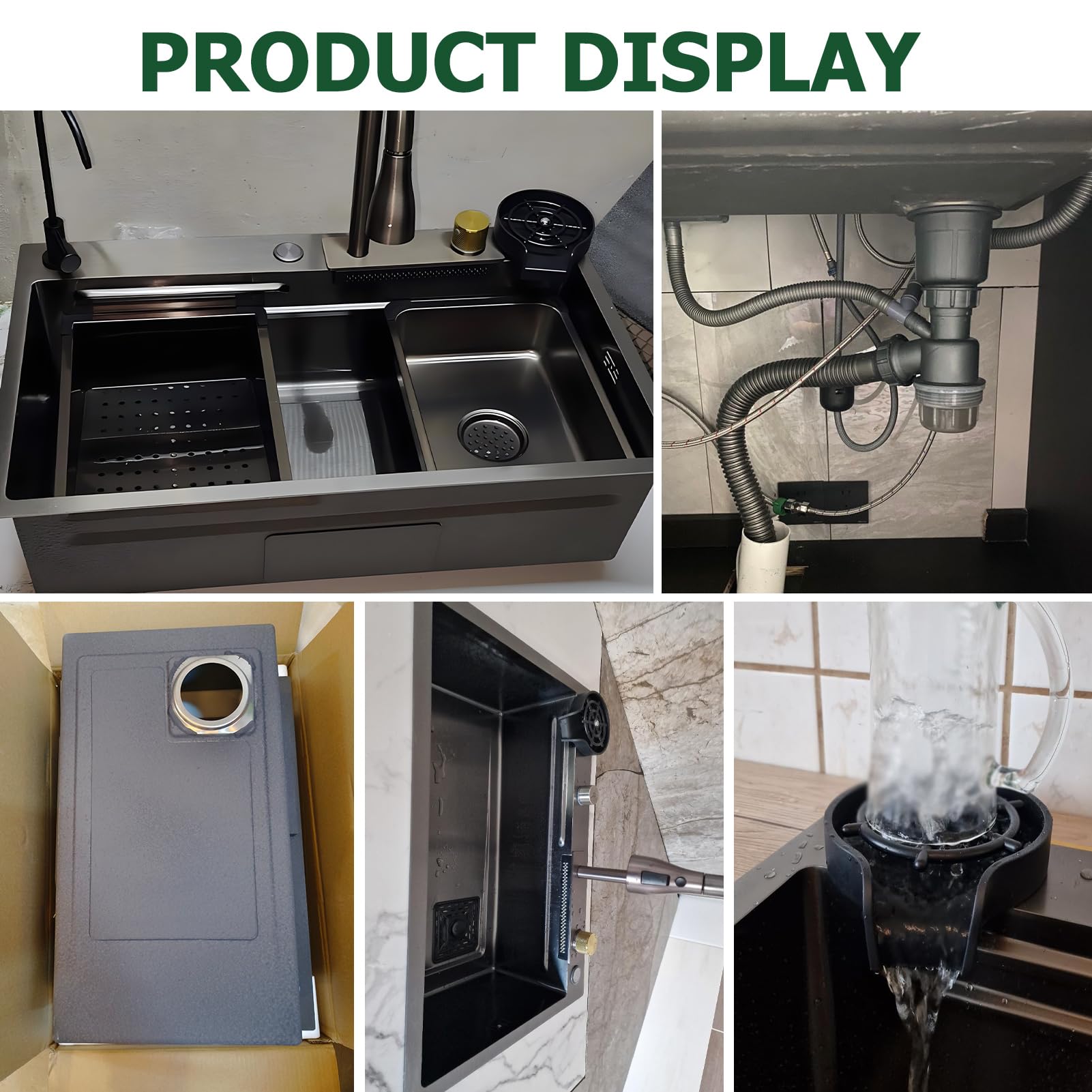 Fregadero De La Cocina De La Cascada, Fregadero De La Utilidad del Acero Inoxidable 304, con El Grifo Extraíble, Instalación De La Caída O del Undermount De La Lavadora De La Taza (Color : Black-Grey