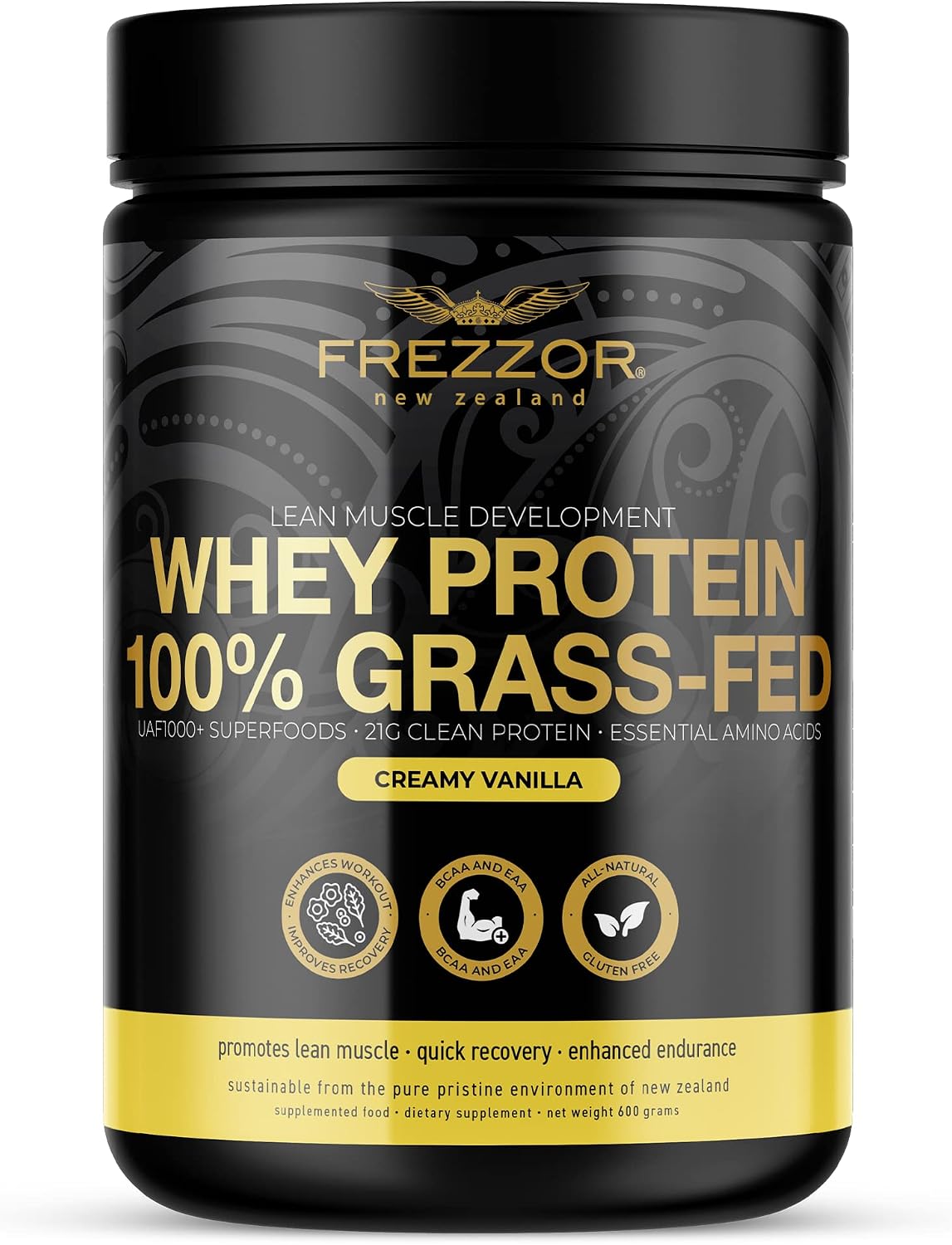 FREZZOR 100% Grass-Fed Whey Vanilla Protein Powder with UAF1000+, Keto Friendly, 21g Protein, BCAAs & EAAs, GMO-Free, rBGH-Free, No Added Sugar/Preservatives, Made in New Zealand