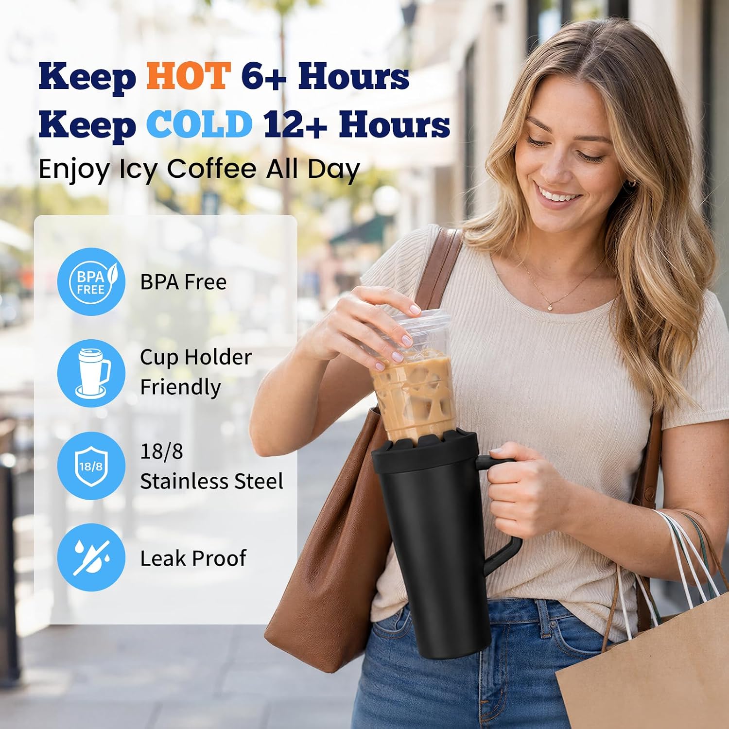 Universal Iced Coffee Sleeve Insulator, 28oz Stainless Steel To Go Tumbler Reusable 3-IN-1 Insulated Cup Holder Fits Most Disposable Cups Small Medium Large Cup - Black