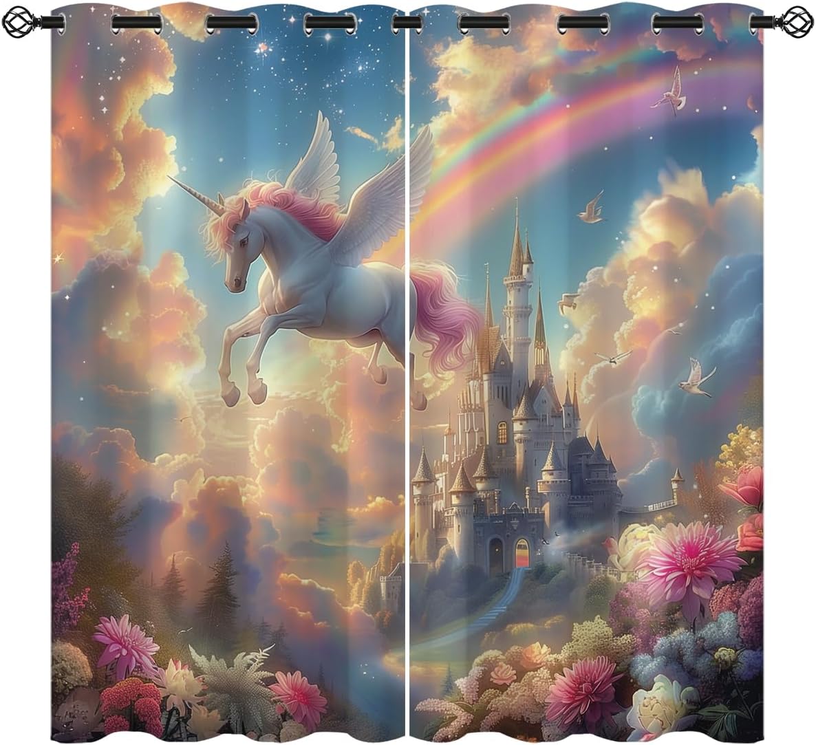 Magic Castle Blackout Curtains for Girls Boy Home Decor, Unicorn Rainbow Fairy Tale World Grommet Thermal Insulated Drapes Darkening Window Curtain for Bedroom Living Room, 55 x 63 Inch