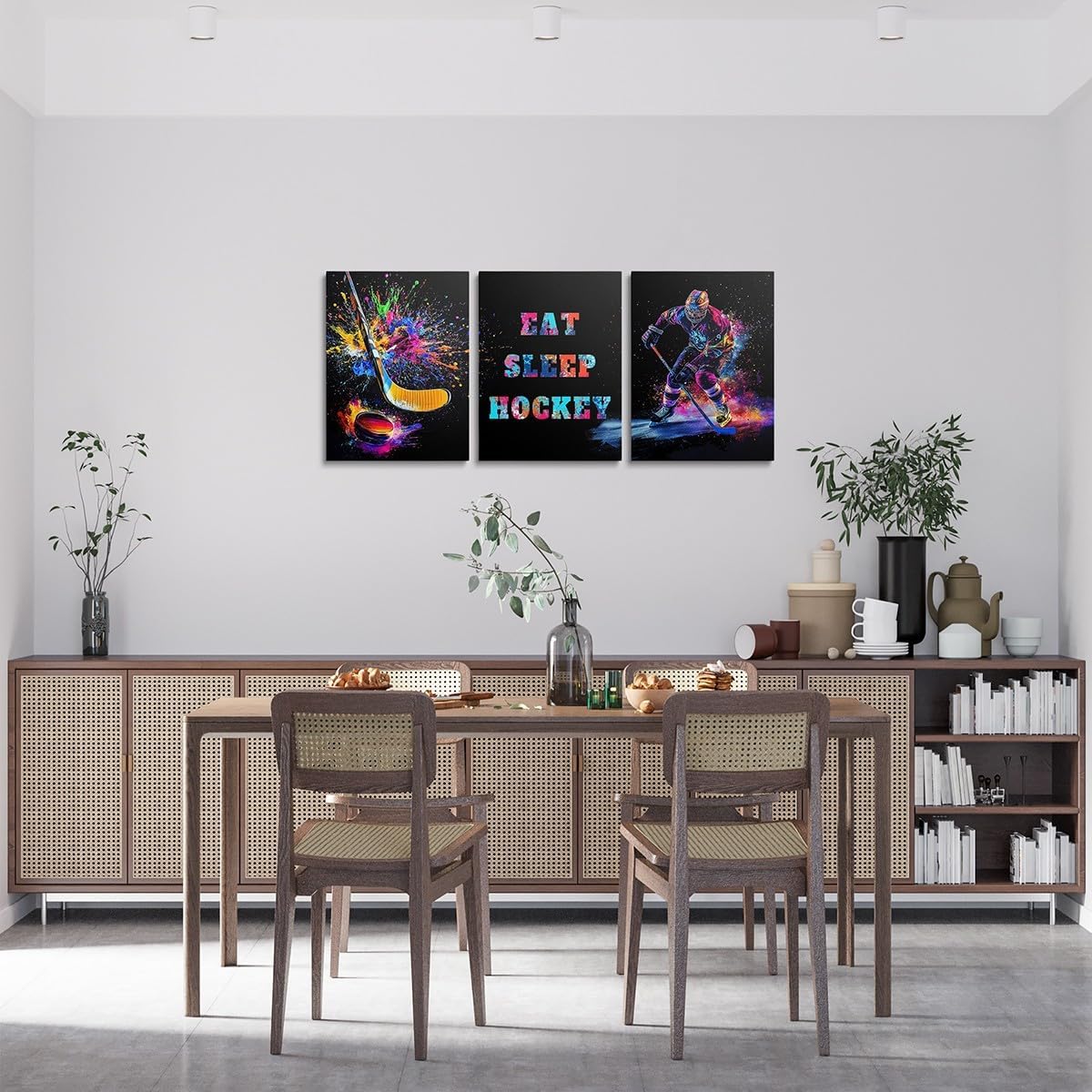 Feelyou Ice Hockey Canvas Wall Art for Living Room Bedroom Vibrant Colorful Picture Wall Decor for Bathroom Sports Theme Kids Boys Girls Artwork Posters Hockey Lover Gift Painting 12"x16"x3Pcs