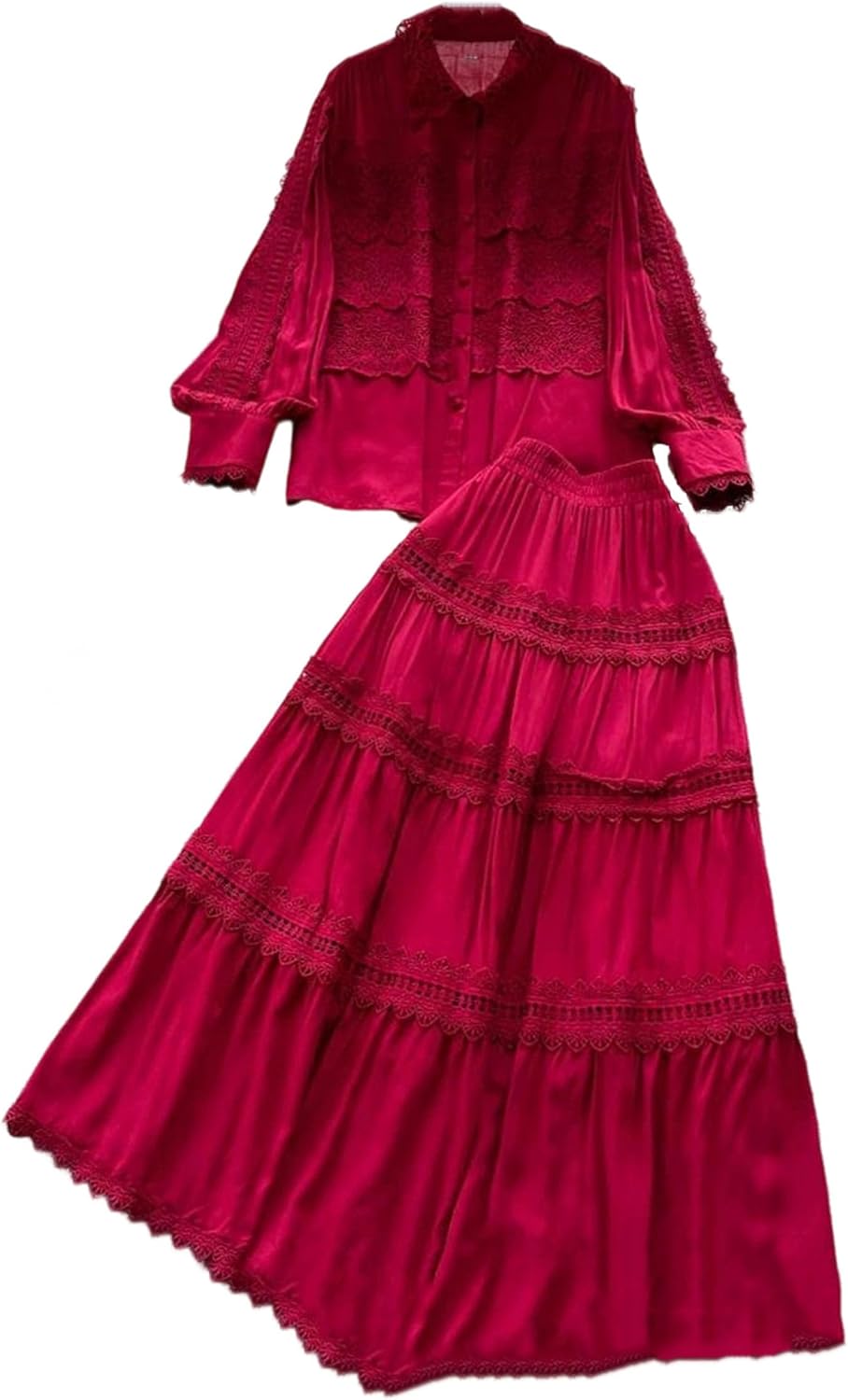 Women's Lace Patchwork Turn Down Collar Full Lantern Sleeve Blouse and Ankle Length Skirt Suit Single Breasted Daily Wear