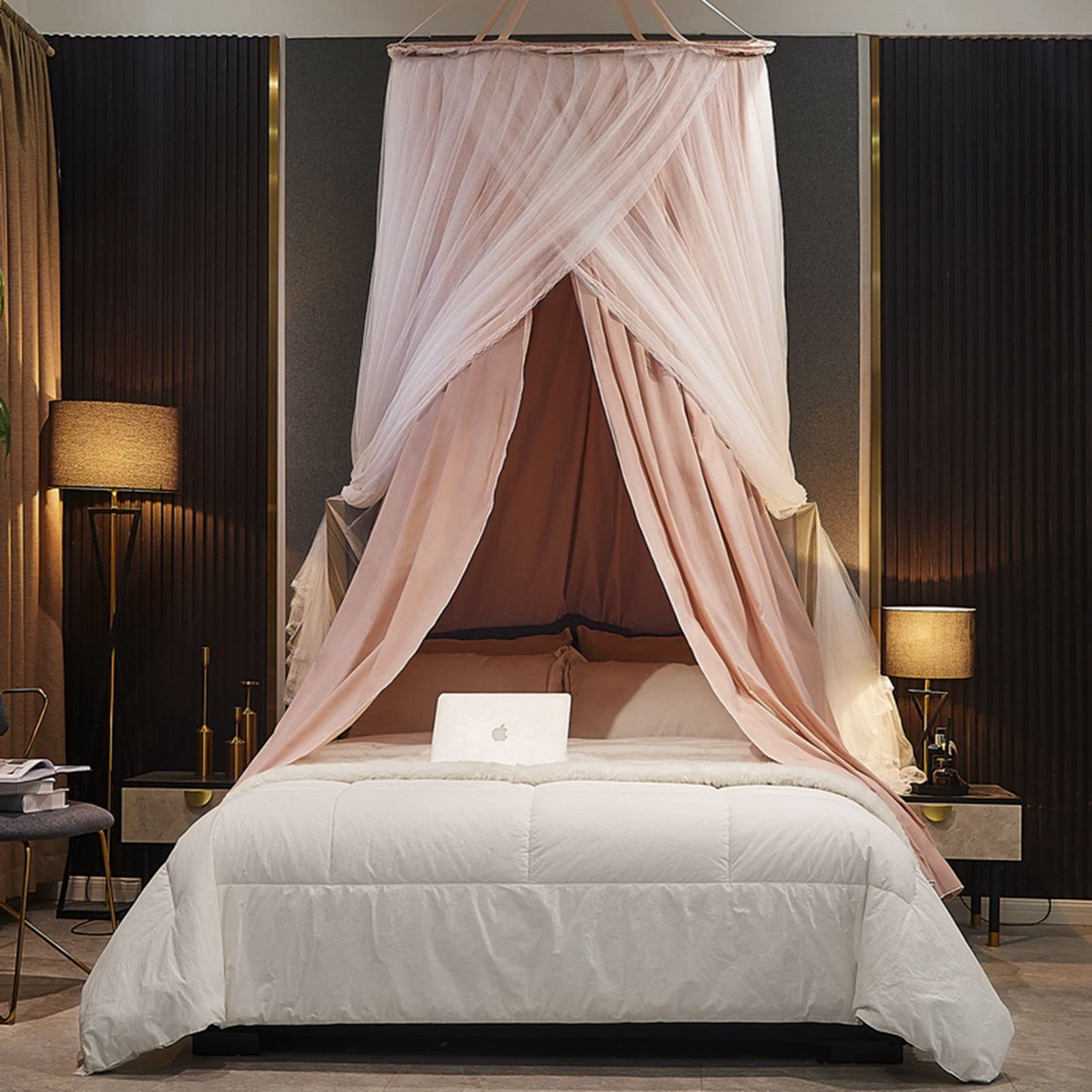 KLUFO Rideau de lit à baldaquin pour Filles et Adultes, Luxueux Rideaux de lit à Double Couche Auvents Filet, moustiquaire de rêve, Dentelle de Princesse à dôme Rond