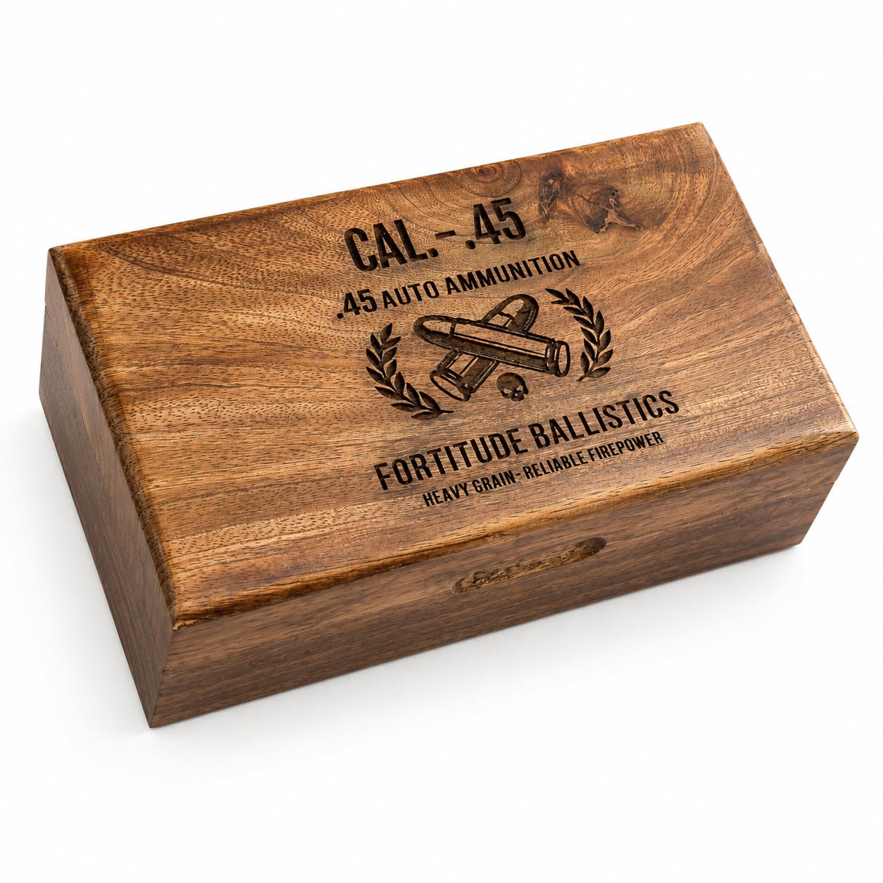 Wooden Ammo Box .45 Caliber 50 Round Storage | Laser Engraved Design, Hinged Lid, Natural Wood Finish, .45 Auto Compatible, Compact Storage-picture-10